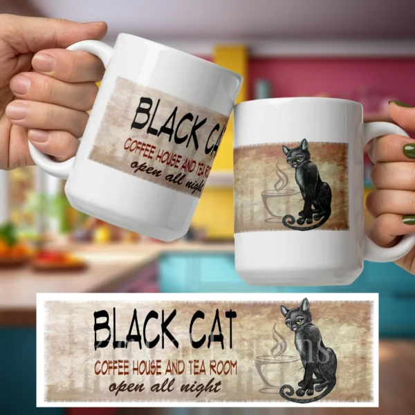 Cat Coffee Mug - BLACK CAT COFFEE HOUSE- 15 OZ Ceramic
